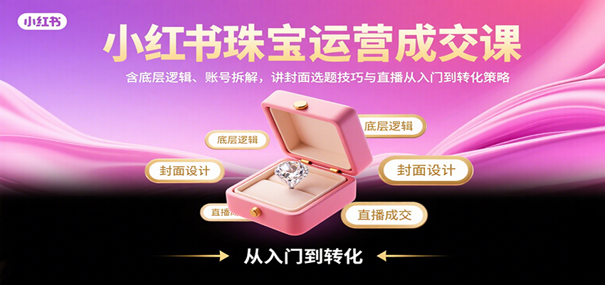小红书珠宝运营成交课：含底层逻辑、账号拆解，讲封面选题技巧与直播从入门到转化策略-网赚项目平台