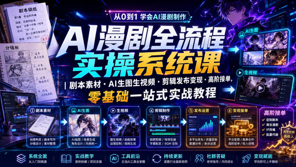 AI漫剧全流程实操系统课｜剧本素材・AI生图生视频・剪辑发布变现・高阶接单，零基础一站式实战教程-网赚项目平台