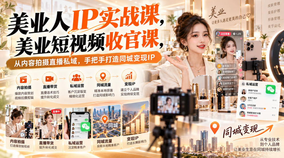 【无水印】美业人IP实战课,美业短视频收官课,从内容拍摄直播私域,手把手打造同城变现IP-网赚项目平台