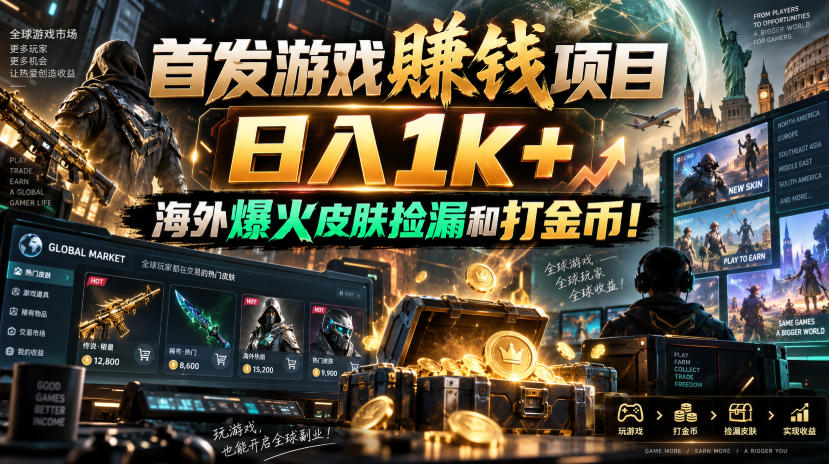 首发游戏賺钱项目，日入1k+，海外爆火皮肤捡漏和打金币！【揭秘】-网赚项目平台