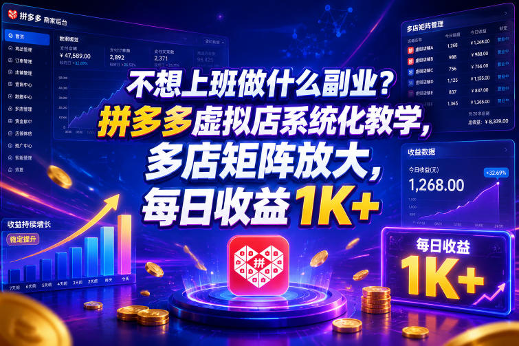 不想上班做什么副业?拼多多虚拟店系统化教学,多店矩阵放大,每日收益1K+【揭秘】-网赚项目平台