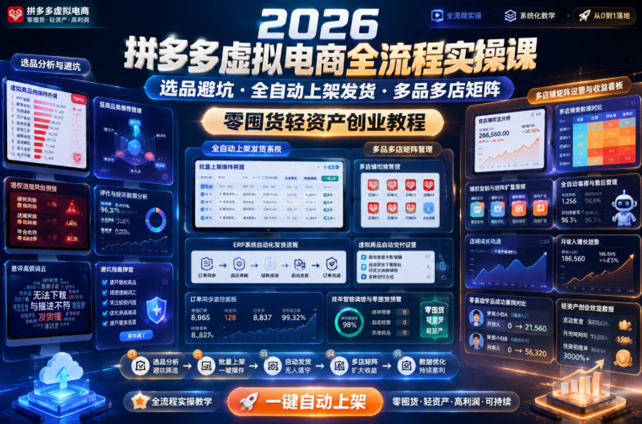 2026拼多多虚拟电商全流程实操课,选品避坑・全自动上架发货・多品多店矩阵,零囤货轻资产创业教程-网赚项目平台
