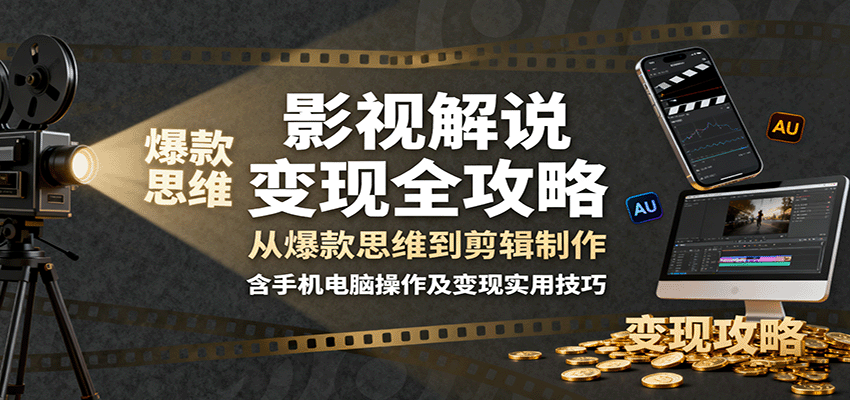 影视解说变现全攻略：从爆款思维到剪辑制作，含手机电脑操作及变现实用技巧-网赚项目平台