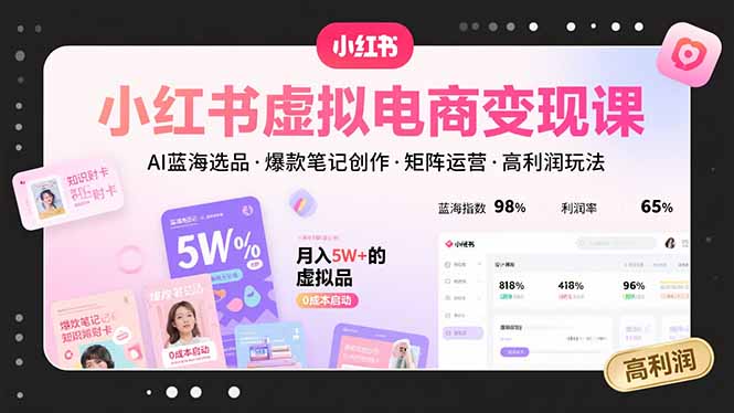 小红书虚拟电商变现课，AI蓝海选品，爆款笔记创作，矩阵运营，高利润玩法-网赚项目平台