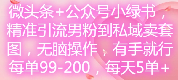 微头条+公众号小绿书，精准引流男粉到私域卖套图，无脑操作，有手就行，每单99-200，每天5单-网赚项目平台