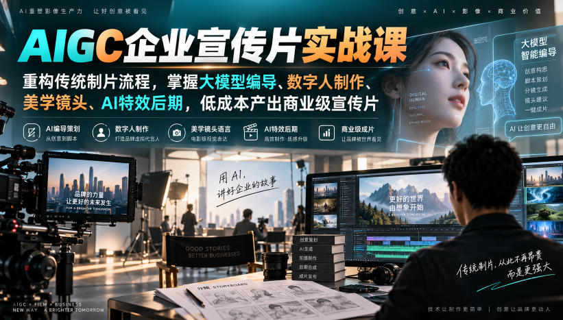 AIGC企业宣传片实战课，重构传统制片流程，掌握大模型编导、数字人制作、美学镜头、AI特效后期，低成本产出商业级宣传片-网赚项目平台
