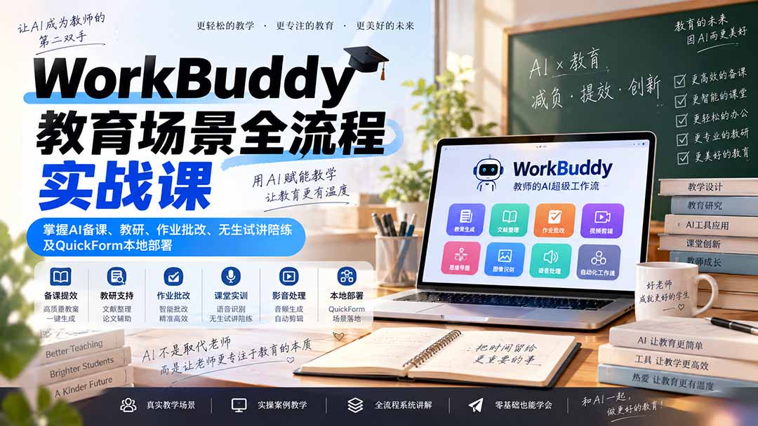 WorkBuddy教育场景全流程实战课：掌握AI备课、教研、作业批改、无生试讲陪练及QuickForm本地部署-网赚项目平台