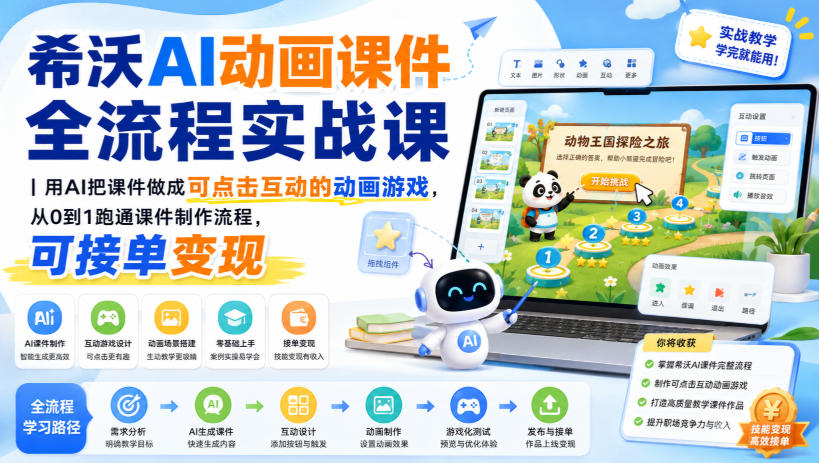希沃AI动画课件全流程实战课｜用AI把课件做成可点击互动的动画游戏，从0到1跑通课件制作流程，可接单变现-网赚项目平台