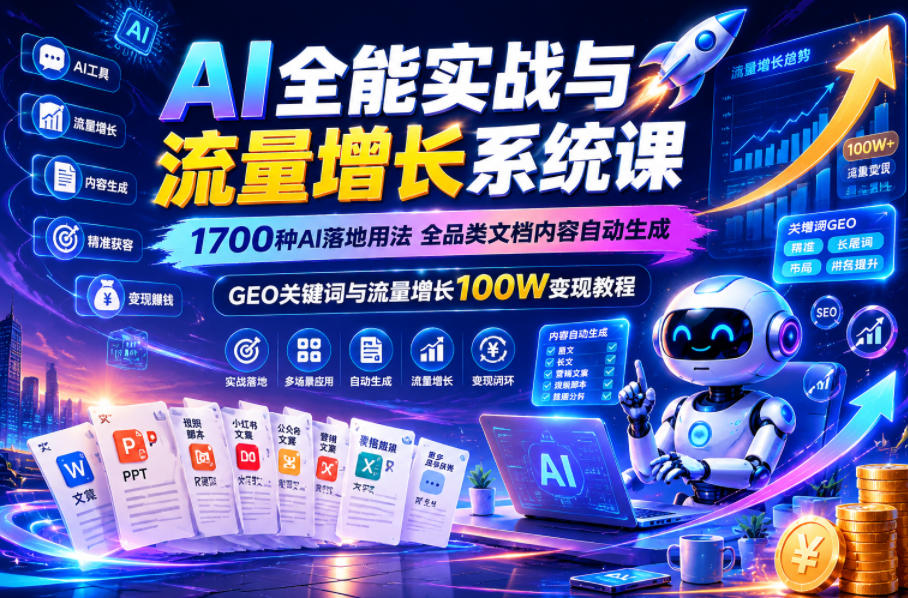 AI全能实战与流量增长系统课，1700种AI落地用法，全品类文档内容自动生成，GEO关键词与流量增长100W变现教程-网赚项目平台