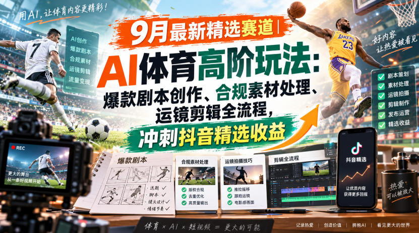 某大佬的9月最新精选赛道之AI体育顶级玩法，爆款剧本创作、版权规避、运镜剪辑全流程，稳拿抖音精选收益-网赚项目平台