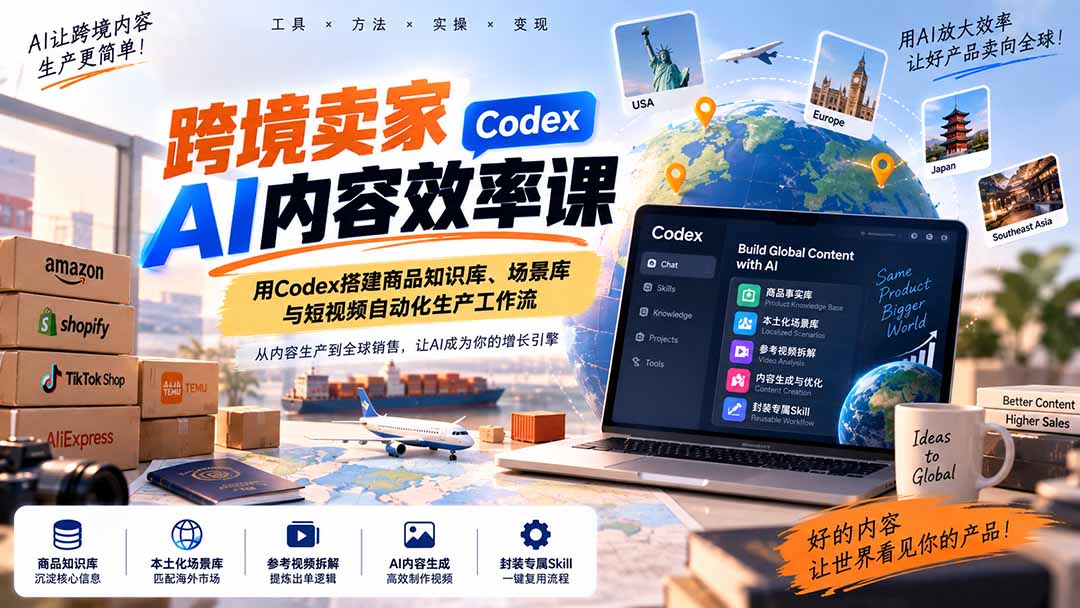 跨境卖家AI内容效率课:用Codex搭建商品知识库、场景库与短视频自动化生产工作流-网赚项目平台