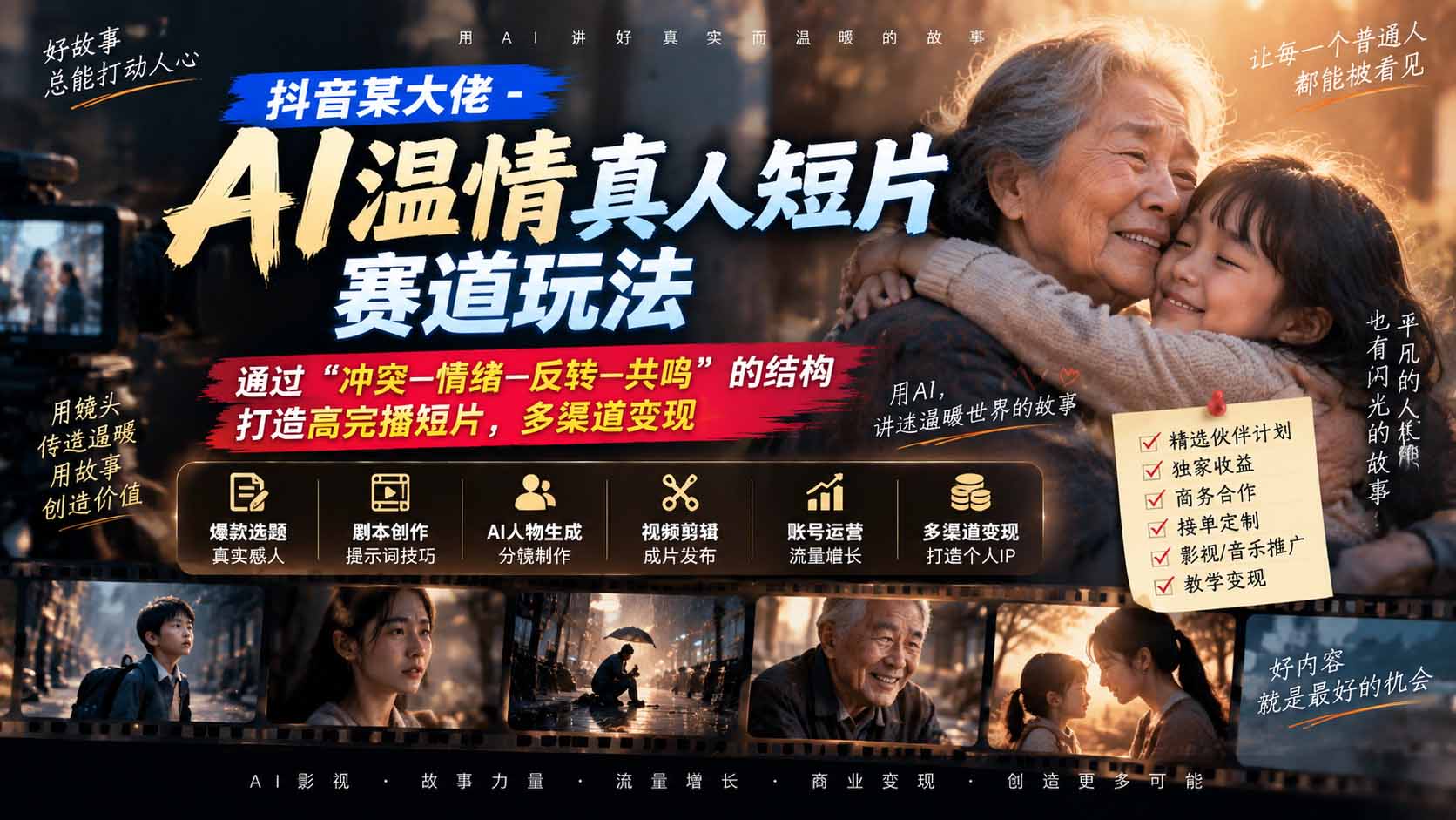 抖音某大佬-AI温情真人短片赛道玩法：通过“冲突—情绪—反转—共鸣”的结构打造高完播短片，多渠道变现-网赚项目平台