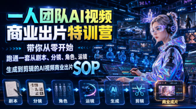 一人团队AI视频商业出片实战课：带你从零开始跑通一套从剧本、分镜、角色、运镜、生成到剪辑的AI视频商业出片SOP-网赚项目平台