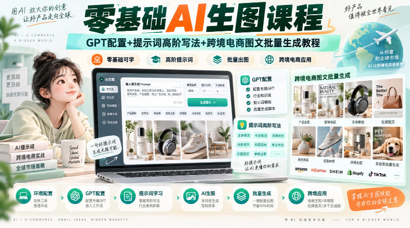 零基础AI生图课程，GPT配置+提示词高阶写法+跨境电商图文批量生成教程-网赚项目平台