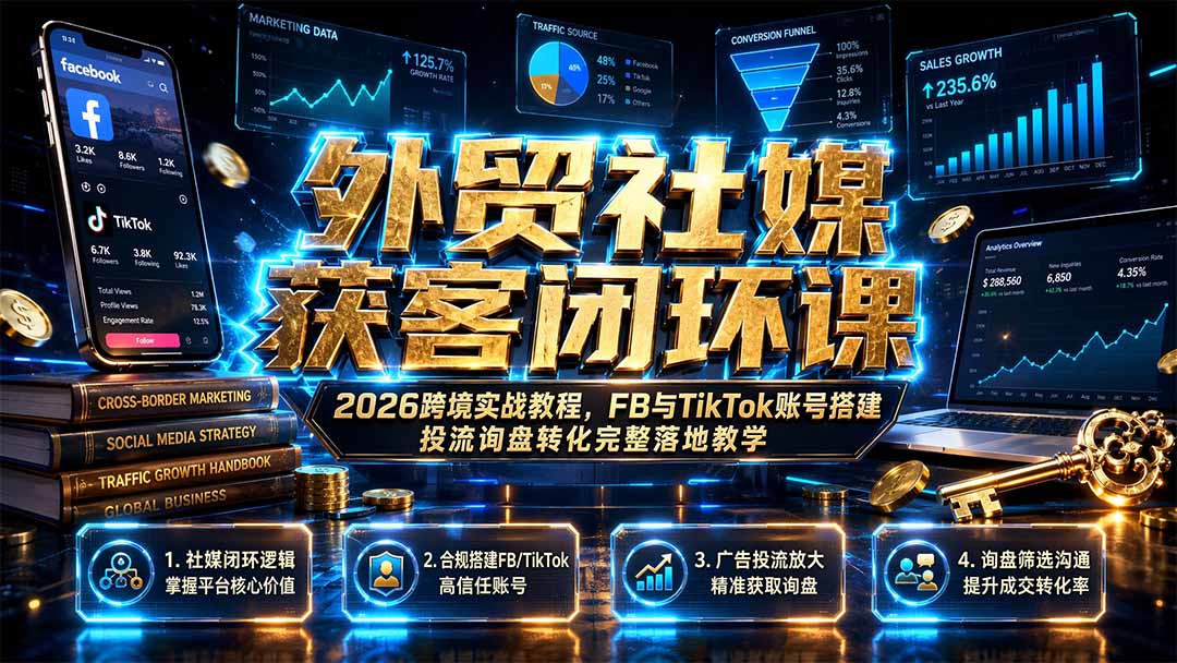 外贸社媒获客闭环课|2026跨境实战教程,FB与TikTok账号搭建投流询盘转化完整落地教学-网赚项目平台